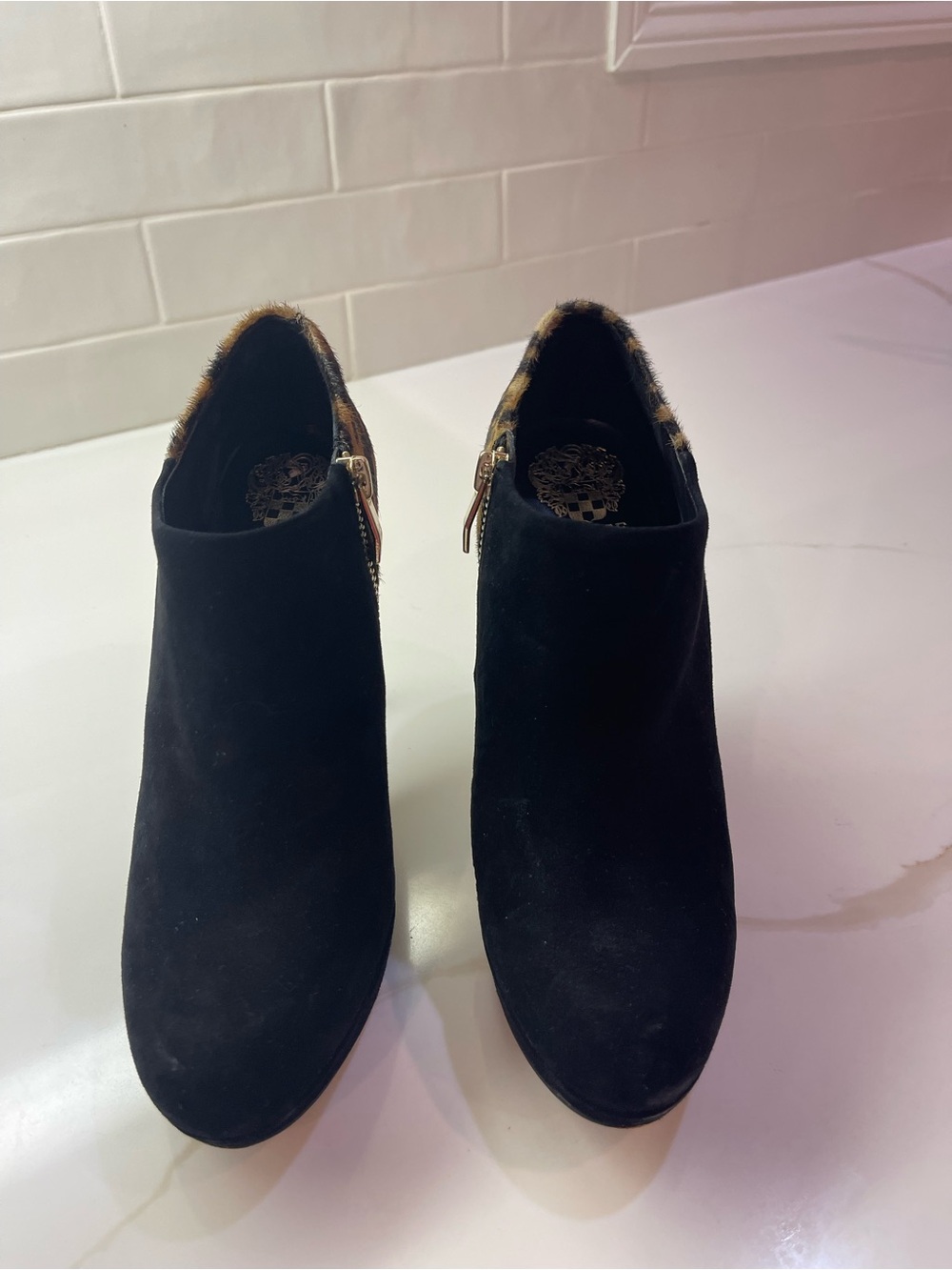 Vince Camuto Black Suede Ankle Booties with Leopard Trim